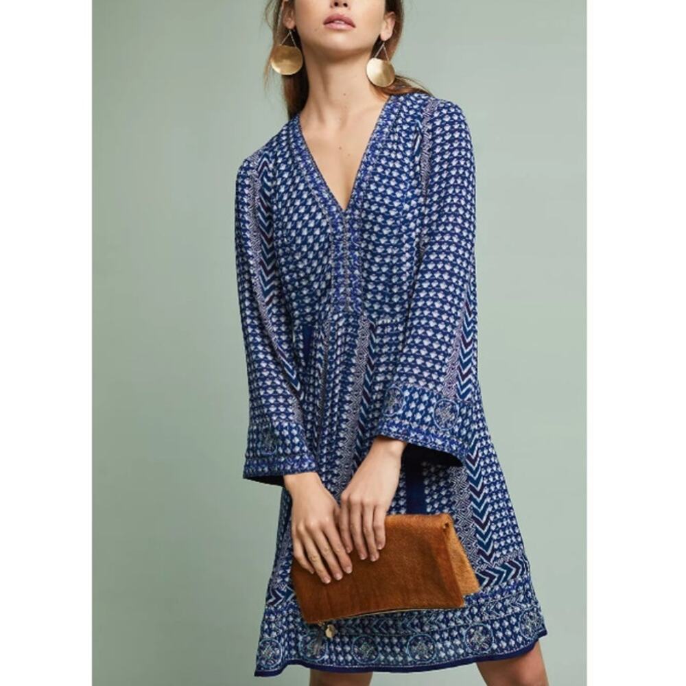 Akemi + Kin Medium Blue & White Rozalin Embroidered Flute Sleeve Dress